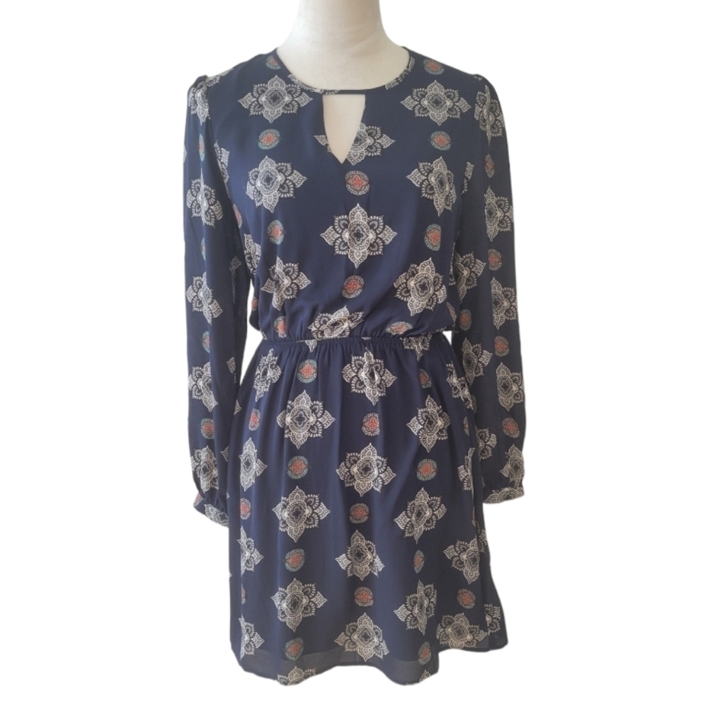 Express Blue Chiffon Long‎ Sleeves Print Dress Size Small